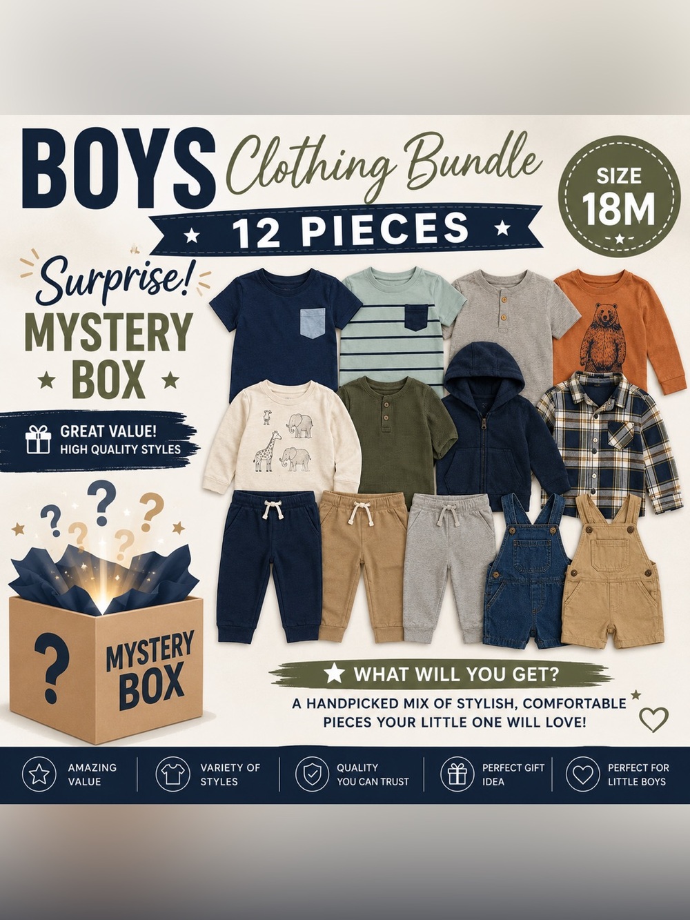 Boys 18M Mystery Box Bundle | 12 Pieces Surprise Clothing Lot | Mixed Styles